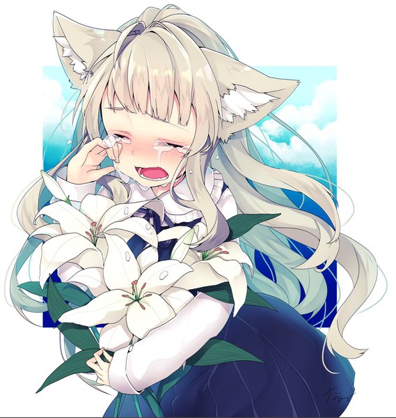 Anime picture 1651x1741 with original nachiru single long hair tall image blush fringe open mouth simple background standing holding signed animal ears sky cloud (clouds) eyes closed cat ears tears crying hand on face