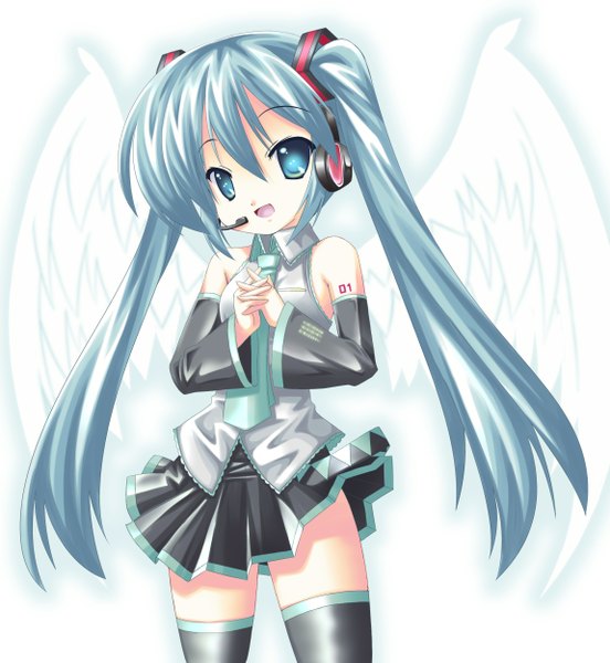 Anime picture 1150x1250 with vocaloid hatsune miku sumikaze (artist) single long hair tall image looking at viewer open mouth simple background white background twintails bare shoulders aqua eyes aqua hair girl thighhighs skirt black thighhighs detached sleeves miniskirt