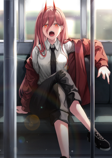 Anime picture 2894x4093 with chainsaw man mappa power (chainsaw man) nao (okt8538) single long hair tall image looking at viewer blush fringe highres open mouth hair between eyes sitting pink hair long sleeves horn (horns) off shoulder arm support open jacket