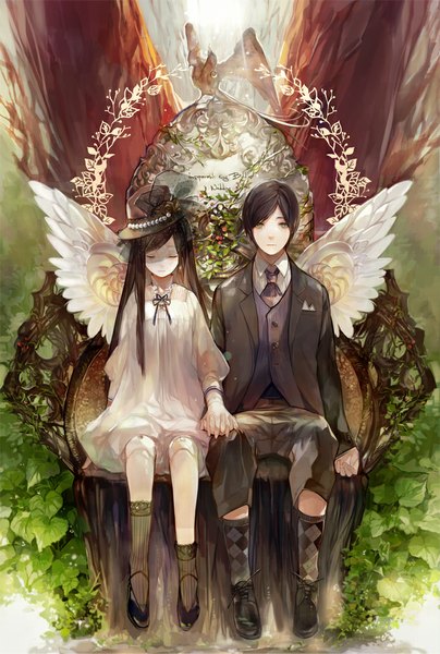 Anime picture 700x1038 with original nineo long hair tall image looking at viewer fringe short hair brown hair sitting green eyes eyes closed inscription couple holding hands white wings transparent rhombus doll joints girl boy