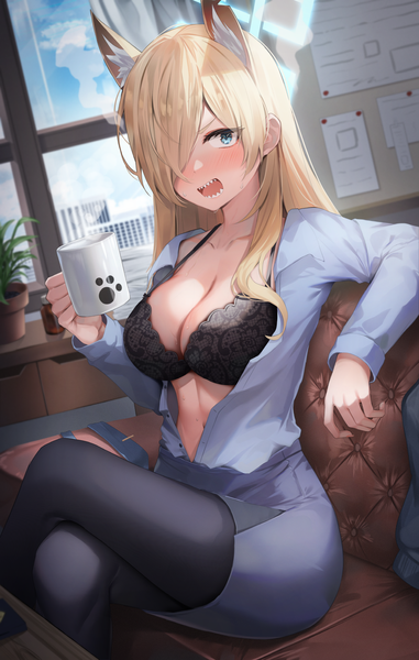 Anime picture 1200x1888 with blue archive kanna (blue archive) shuvi (shuvi1125) single long hair tall image looking at viewer blush fringe blue eyes light erotic blonde hair sitting animal ears indoors hair over one eye teeth open shirt crossed legs steam