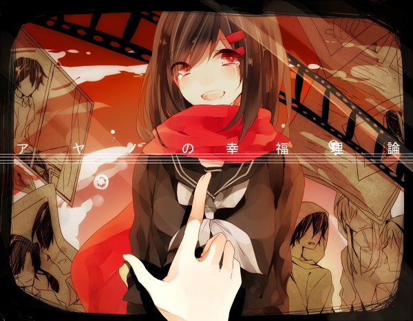 Anime picture 1200x933 with kagerou project shaft (studio) tateyama ayano aoray short hair open mouth red eyes brown hair light smile tears crying girl uniform hair ornament school uniform serafuku hairclip scarf