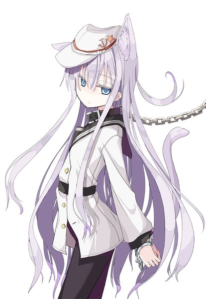 Anime picture 607x880 with kantai collection hibiki destroyer verniy destroyer mochiki single tall image looking at viewer fringe blue eyes simple background standing white background animal ears purple hair tail very long hair animal tail cat ears cat girl cat tail