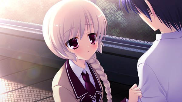 Anime picture 1024x576 with nekoguri (game) long hair red eyes wide image game cg white hair braid (braids) girl serafuku