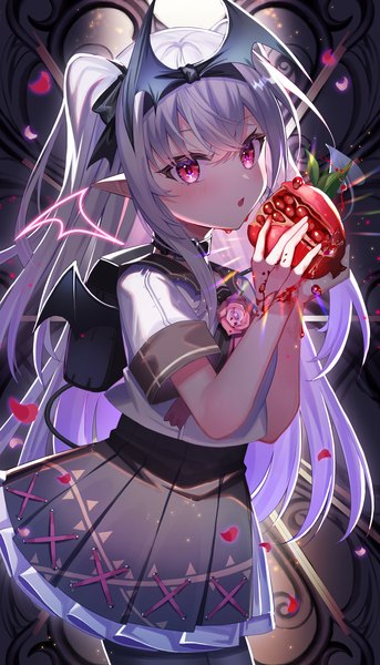 Anime picture 2000x3495 with original amahara subaru single long hair tall image looking at viewer blush fringe highres open mouth red eyes standing holding silver hair purple hair tail pleated skirt multicolored hair pointy ears two-tone hair