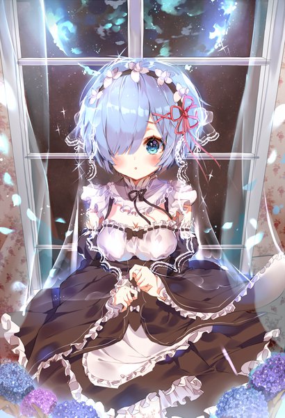Anime picture 800x1169 with re:zero kara hajimeru isekai seikatsu white fox rem (re:zero) b rock single tall image looking at viewer blush fringe short hair breasts blue eyes blue hair cleavage indoors blunt bangs parted lips from above hair over one eye night