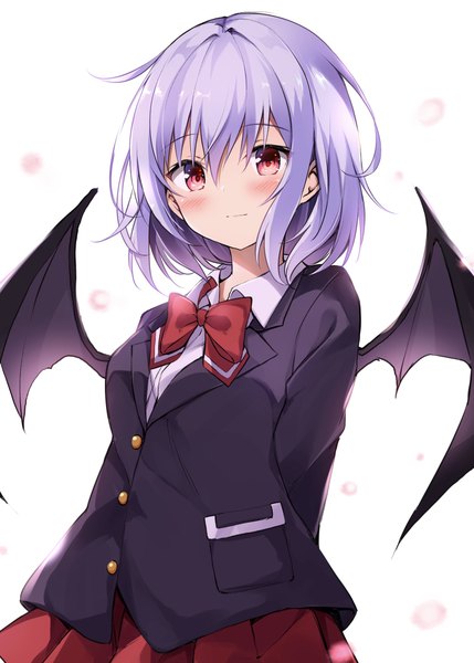 Anime picture 1464x2048 with touhou remilia scarlet hyurasan single tall image looking at viewer blush fringe short hair hair between eyes red eyes white background purple hair upper body hands behind back girl wings bowtie