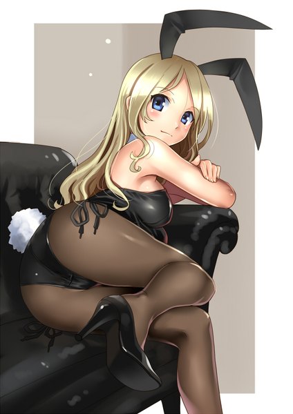 Anime picture 566x800 with original katahira masashi single long hair tall image looking at viewer blush breasts blue eyes light erotic blonde hair simple background smile sitting bare shoulders animal ears bent knee (knees) ass tail animal tail