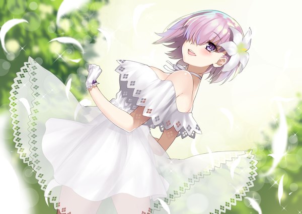 Anime picture 1200x855 with fate (series) fate/grand order mash kyrielight mash kyrielight (formal dress) hamada pochiwo single blush fringe short hair open mouth purple eyes purple hair :d hair flower hair over one eye sparkle dutch angle official alternate costume girl dress