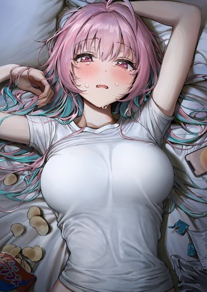 Anime picture 1200x1694 with idolmaster idolmaster cinderella girls yumemi riamu ame (uten cancel) single long hair tall image blush fringe breasts open mouth light erotic hair between eyes large breasts payot pink hair upper body ahoge indoors lying