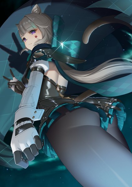Anime picture 1414x2000 with genshin impact lynette (genshin impact) meda single long hair tall image fringe light erotic purple eyes animal ears tail blunt bangs animal tail looking back light smile grey hair from behind cat ears sparkle from below