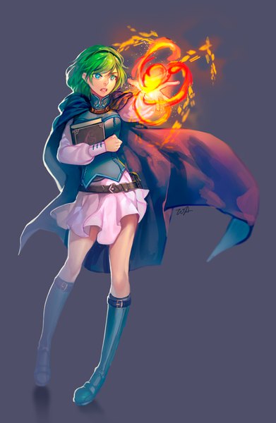 Anime picture 977x1499 with fire emblem fire emblem: the blazing blade nino (fire emblem) tooaya single tall image fringe short hair open mouth simple background hair between eyes standing holding signed looking away full body aqua eyes green hair outstretched arm magic