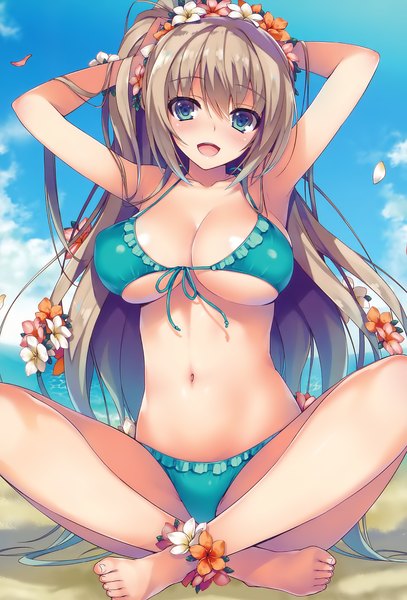 Anime picture 1358x2000 with original tomose shunsaku single long hair tall image looking at viewer blush breasts blue eyes light erotic smile brown hair large breasts sitting sky cloud (clouds) head tilt hair flower fingernails bare legs