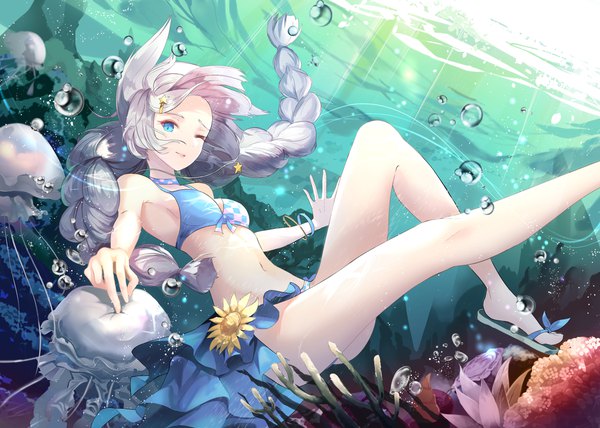 Anime picture 4480x3200 with honkai impact 3rd benghuai xueyuan honkai (series) kiana kaslana kooemong single long hair looking at viewer fringe highres breasts blue eyes light erotic bare shoulders absurdres silver hair bent knee (knees) braid (braids) light smile armpit (armpits)