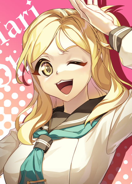 Anime picture 750x1050 with love live! sunshine!! sunrise (studio) love live! ohara mari cika k single long hair tall image looking at viewer open mouth blonde hair yellow eyes one eye closed arm up wink character names ;d girl uniform serafuku