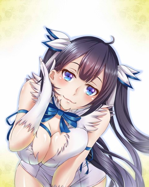 Anime picture 1000x1250 with dungeon ni deai wo motomeru no wa machigatteiru darou ka j.c. staff hestia (danmachi) jasterrr single long hair tall image blush breasts blue eyes light erotic black hair smile twintails cleavage rei no himo girl dress gloves bow