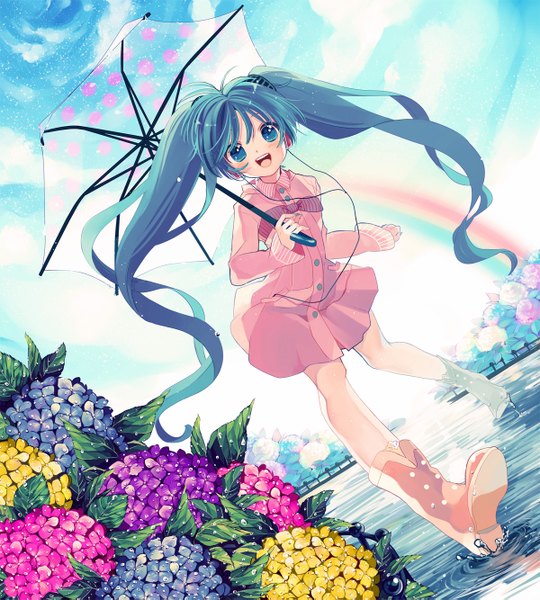 Anime picture 1200x1333 with vocaloid hatsune miku amezawa koma single long hair tall image open mouth twintails sky cloud (clouds) aqua eyes aqua hair rain girl dress flower (flowers) water headphones umbrella wire (wires)