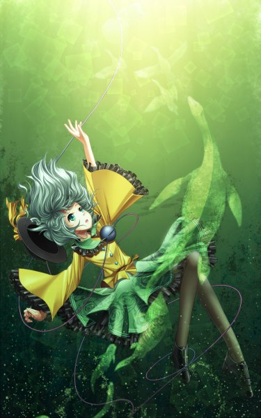 Anime picture 750x1200 with touhou komeiji koishi kei kei single tall image short hair open mouth green eyes green hair underwater girl dress hat eyeball
