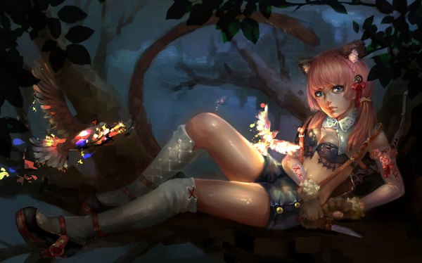 Anime picture 2268x1414 with original 2966441886 (artist) long hair looking at viewer highres breasts blue eyes wide image twintails bare shoulders animal ears pink hair braid (braids) bare legs high heels light reclining flying girl thighhighs