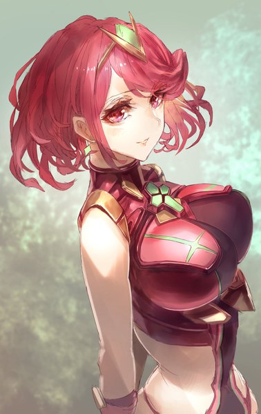 Anime picture 1033x1637 with xenoblade xenoblade 2 pyra (xenoblade) signo aaa single tall image short hair breasts light erotic simple background large breasts looking away pink hair upper body pink eyes from above sleeveless girl