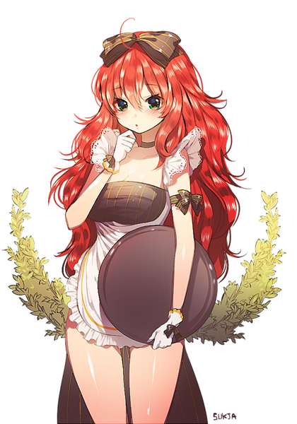Anime picture 700x1000 with original sorolp single long hair tall image looking at viewer blush simple background white background holding signed ahoge red hair shiny skin girl gloves choker white gloves apron tray