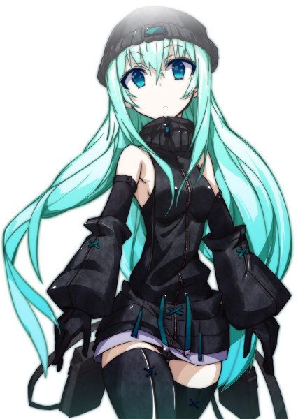 Anime picture 852x1200 with original vane (vane0) single long hair tall image simple background white background bare shoulders looking away aqua eyes aqua hair girl thighhighs gloves black thighhighs hat detached sleeves