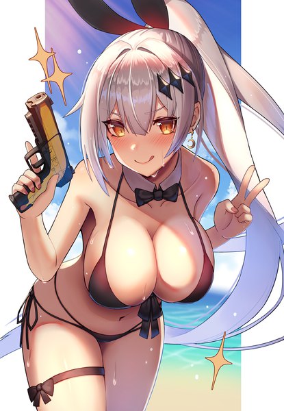 Anime picture 969x1400 with girls frontline five-seven (girls frontline) dakunesu single tall image looking at viewer blush fringe breasts light erotic smile hair between eyes large breasts standing bare shoulders holding yellow eyes payot sky cleavage