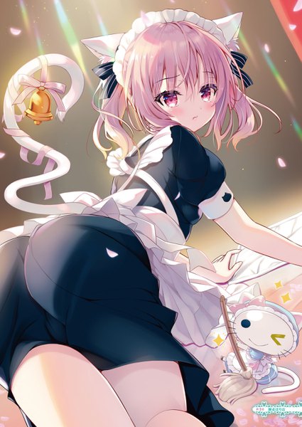 Anime picture 1911x2700 with original shiwasu horio single tall image looking at viewer blush fringe highres short hair light erotic hair between eyes twintails animal ears payot pink hair ass tail animal tail pink eyes looking back