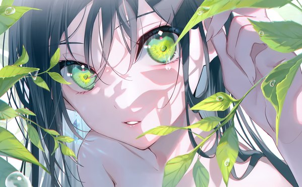 Anime picture 3008x1871 with original miwano rag single long hair looking at viewer blush fringe highres black hair hair between eyes wide image green eyes parted lips head tilt scan shaded face face girl leaf (leaves)