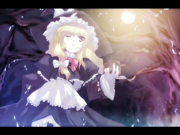 Anime picture 1600x1200 with touhou kirisame marisa tokiame single long hair blonde hair standing holding brown eyes outdoors one eye closed night letterboxed bare tree girl dress bow plant (plants) hair bow hat