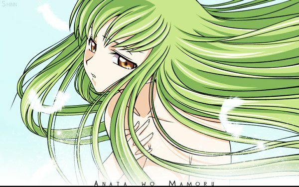Anime picture 1024x640 with code geass sunrise (studio) c.c. single long hair fringe wide image yellow eyes very long hair green hair girl feather (feathers)