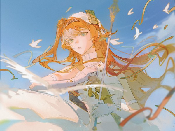 Anime picture 4500x3368 with reverse:1999 sonetto (reverse:1999) gjygyao single long hair highres looking away absurdres sky upper body outdoors aqua eyes wind orange hair one side up girl gloves animal white gloves bird (birds)