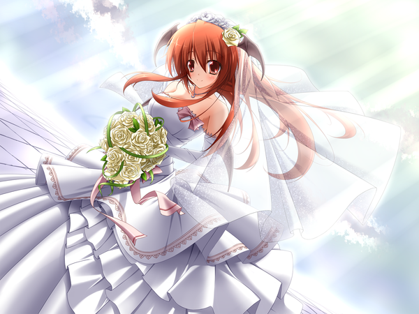 Anime picture 1600x1200 with touhou koakuma midoriiro no shinzou single long hair brown hair bare shoulders brown eyes hair flower girl dress gloves hair ornament flower (flowers) elbow gloves white dress rose (roses) bouquet wedding dress veil