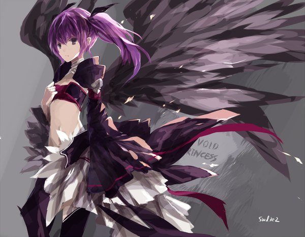 Anime picture 1593x1239 with elsword aisha landar swd3e2 single long hair simple background standing purple eyes twintails looking away purple hair grey background bare belly black wings girl wings
