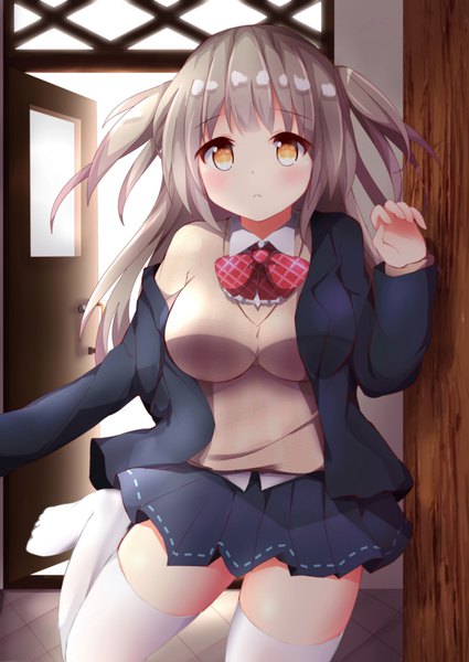 Anime picture 724x1023 with original akiori koromo single long hair tall image looking at viewer blush fringe breasts brown hair large breasts standing payot indoors long sleeves pleated skirt orange eyes two side up zettai ryouiki thighs