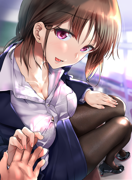 Anime picture 1200x1638 with original nonohachi tall image looking at viewer blush fringe short hair breasts open mouth light erotic smile hair between eyes brown hair large breasts sitting cleavage full body indoors long sleeves nail polish