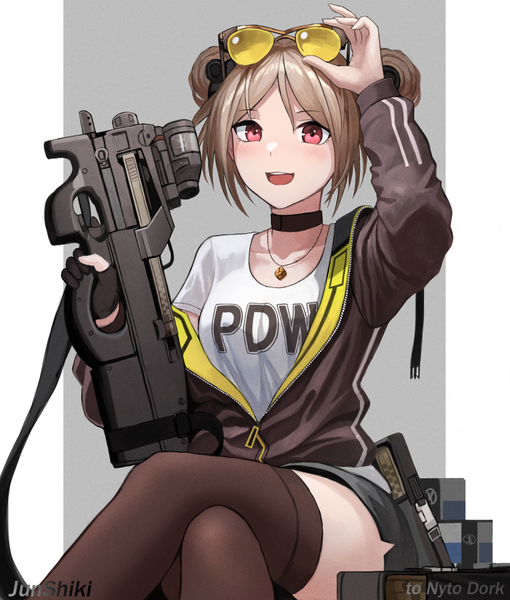 Anime picture 1500x1763 with girls frontline p90 (girls frontline) junshiki single tall image blush short hair open mouth simple background smile brown hair sitting holding signed looking away :d pink eyes off shoulder hair bun (hair buns) alternate costume