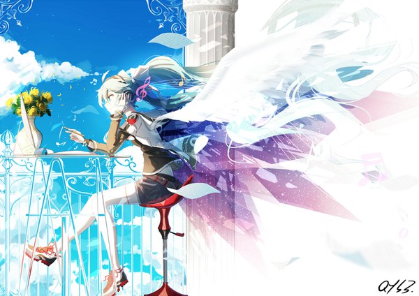 Anime picture 1600x1131 with vocaloid hatsune miku qys3 single smile sitting twintails signed sky cloud (clouds) ahoge very long hair profile aqua eyes wind aqua hair zettai ryouiki angel wings hand on headphones treble clef