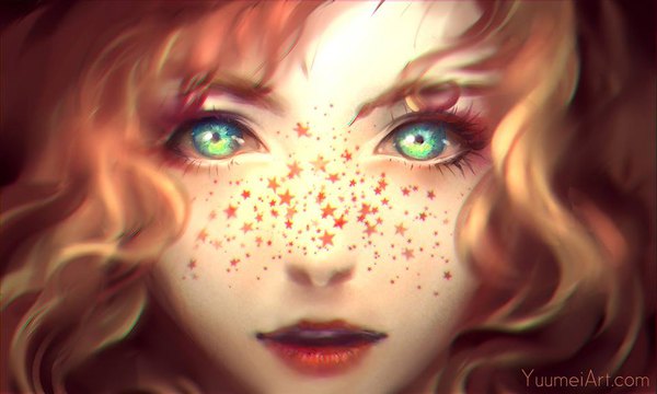 Anime picture 960x576 with original yuumei single long hair looking at viewer blush open mouth blonde hair wide image green eyes signed parted lips profile lips orange hair lipstick red lipstick freckles girl star (symbol)
