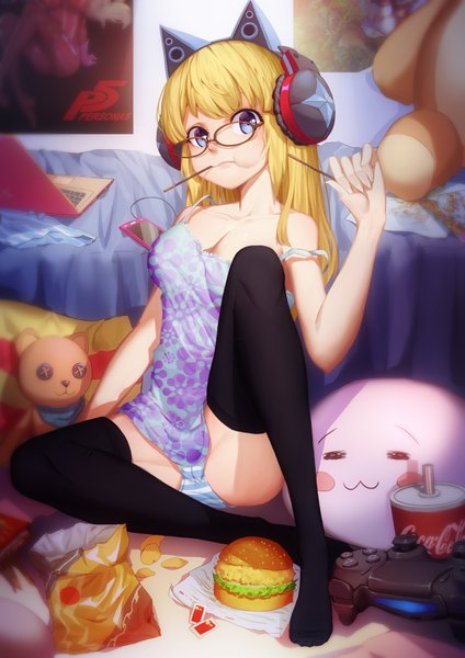 Anime picture 2480x3508 with persona 5 persona original coca-cola takamaki anne tupiao shaonu single long hair tall image looking at viewer fringe highres breasts blue eyes light erotic blonde hair sitting bare shoulders holding animal ears