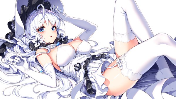 Anime picture 1300x731 with azur lane illustrious (azur lane) nardack single long hair looking at viewer blush fringe breasts open mouth blue eyes light erotic simple background smile wide image large breasts white background cleavage silver hair ahoge