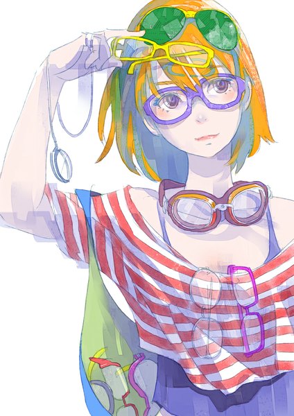 Anime picture 760x1075 with original pomodorosa single tall image blush fringe short hair simple background white background purple eyes bare shoulders looking away orange hair striped sunglasses on head casual eyewear removed goggles around neck girl glasses