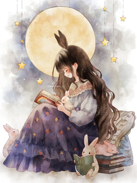Anime picture 1124x1495 with original ginniroya single long hair tall image blush brown hair sitting signed animal ears eyes closed profile bunny ears twitter username reading girl animal pillow star (symbol) book (books)