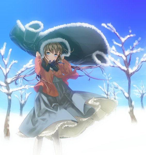 Anime picture 1000x1060 with original geroro single long hair tall image blue eyes brown hair winter snow girl dress jacket