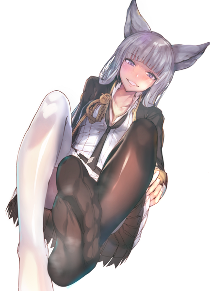 Anime picture 867x1200 with granblue fantasy korwa (granblue fantasy) akieda single long hair tall image looking at viewer blush fringe light erotic simple background smile white background sitting animal ears silver hair long sleeves parted lips pleated skirt open jacket
