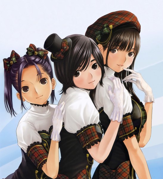 Anime picture 1141x1250 with love plus anegasaki nene takane manaka kobayakawa rinko mino tarou long hair tall image looking at viewer short hair black hair smile twintails multiple girls black eyes finger to mouth short twintails girl dress gloves bow