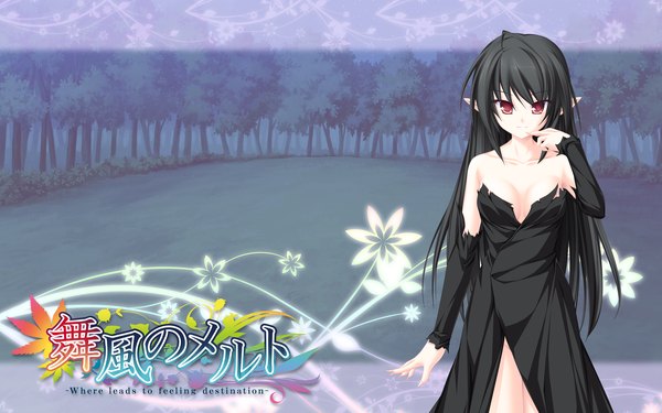 Anime picture 2560x1600 with maikaze no melt suzukaze no melt whirlpool (studio) fuu (suzukaze no melt) tenmaso single long hair highres black hair red eyes wide image game cg pointy ears girl