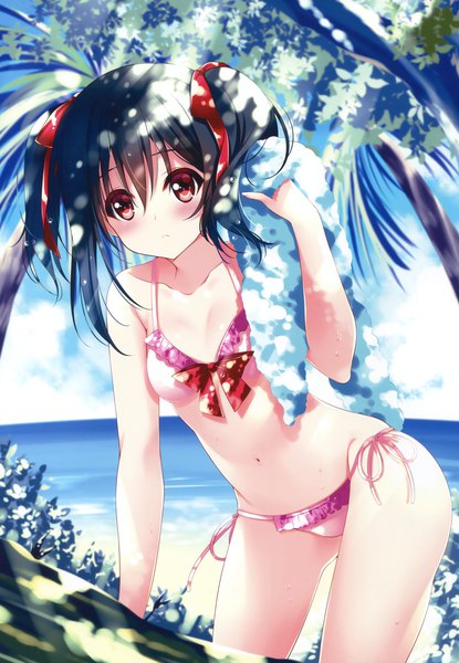 Anime picture 2715x3920 with love live! school idol project sunrise (studio) love live! yazawa nico single long hair tall image looking at viewer blush highres light erotic black hair red eyes twintails scan girl navel swimsuit plant (plants) bikini