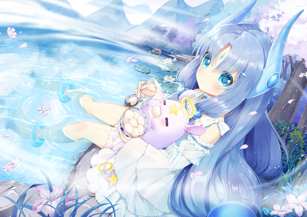 Anime picture 1920x1357 with original mvv single long hair blush fringe highres blue eyes hair between eyes blue hair looking away outdoors barefoot horn (horns) symbol-shaped pupils mountain eating heart-shaped pupils soaking feet girl