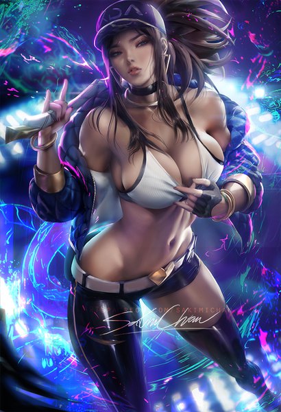 Anime-Bild 684x1000 mit league of legends k/da (league of legends) akali (league of legends) k/da akali sakimichan single long hair tall image looking at viewer blush fringe breasts blue eyes light erotic brown hair large breasts standing bare shoulders holding payot